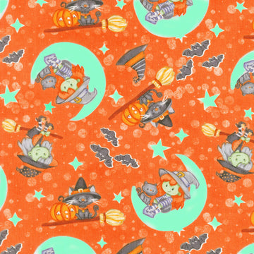 Moonlight Mischief - Witch & Cat on Moon Glow in the Dark Orange Yardage