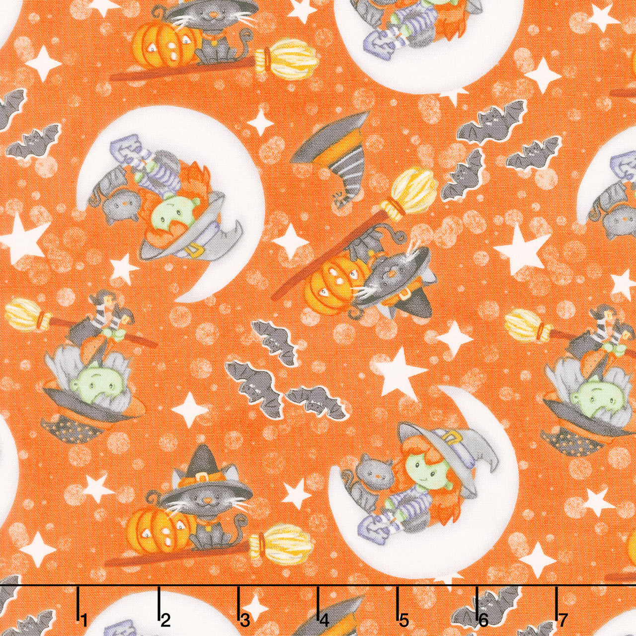 Moonlight Mischief - Witch & Cat on Moon Glow in the Dark Orange Yardage