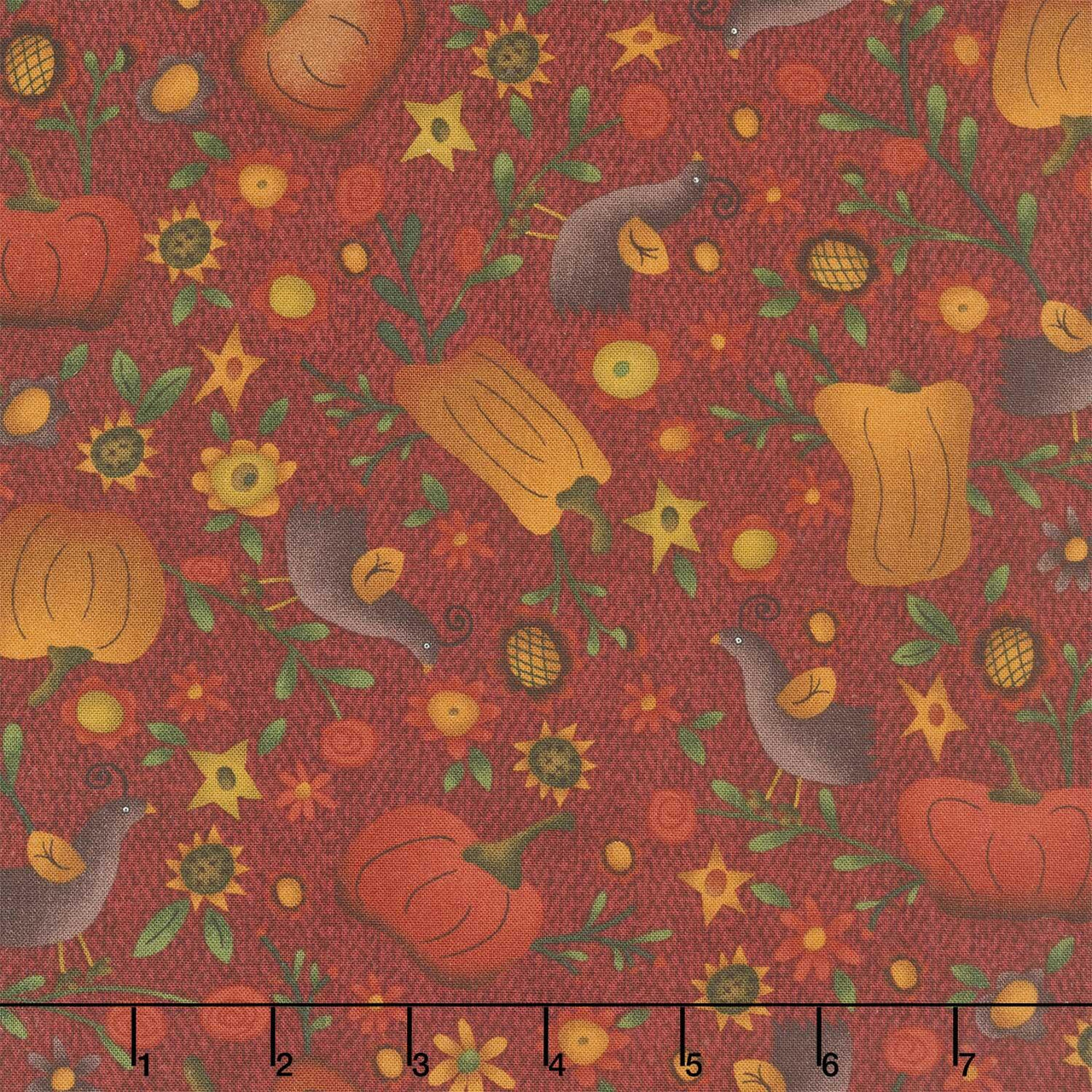 Bountiful Blessings - Pumpkins and Flowers Dark Red Yardage