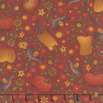 Bountiful Blessings - Pumpkins and Flowers Dark Red Yardage