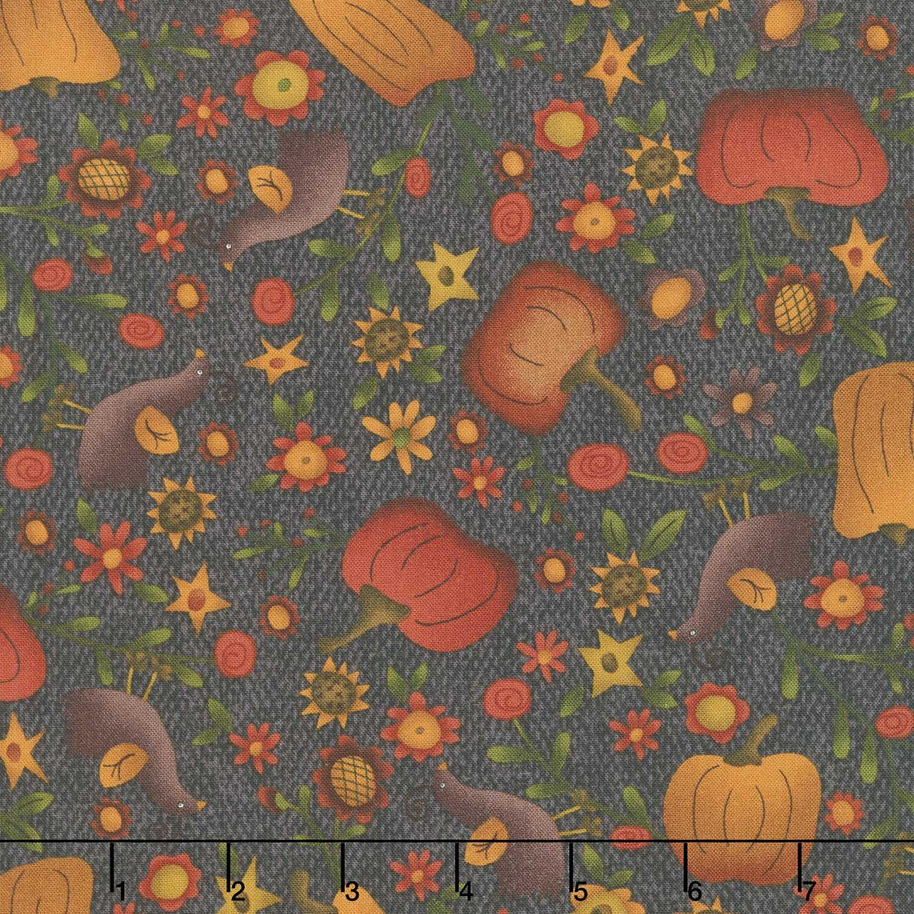 Bountiful Blessings - Pumpkins and Flowers Black/Brown Yardage