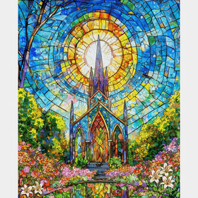 Faith in Full Color - Stained Glass Church Turquoise Multi Panel
