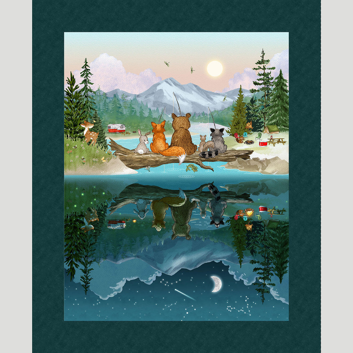 Happy Campers - Happy Animal Campers Dark Teal Green Panel