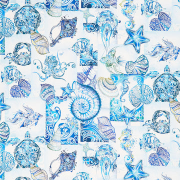 Wonders Of The Ocean - Collage Blue Yardage