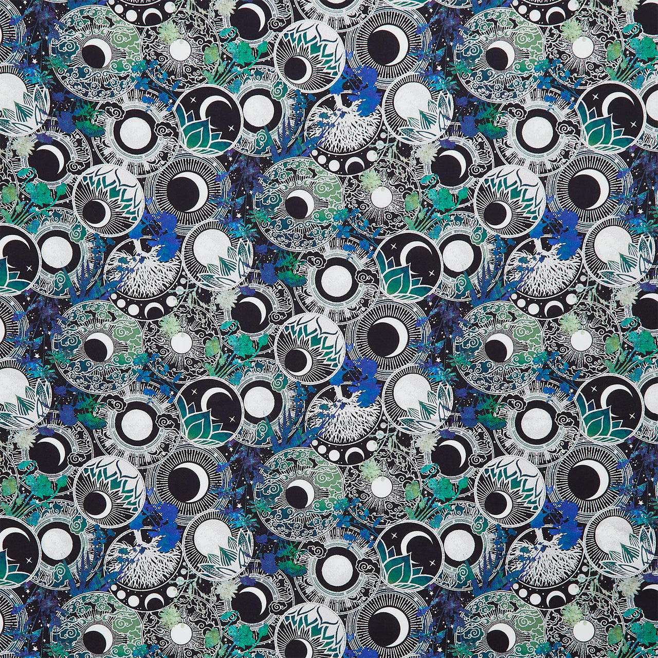 La Luna - Moon Collage Blue Silver Yardage