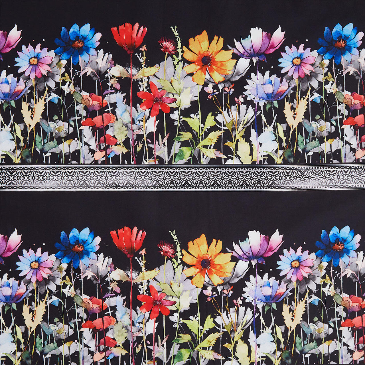 Blooming Day & Night - Floral Border Black Yardage
