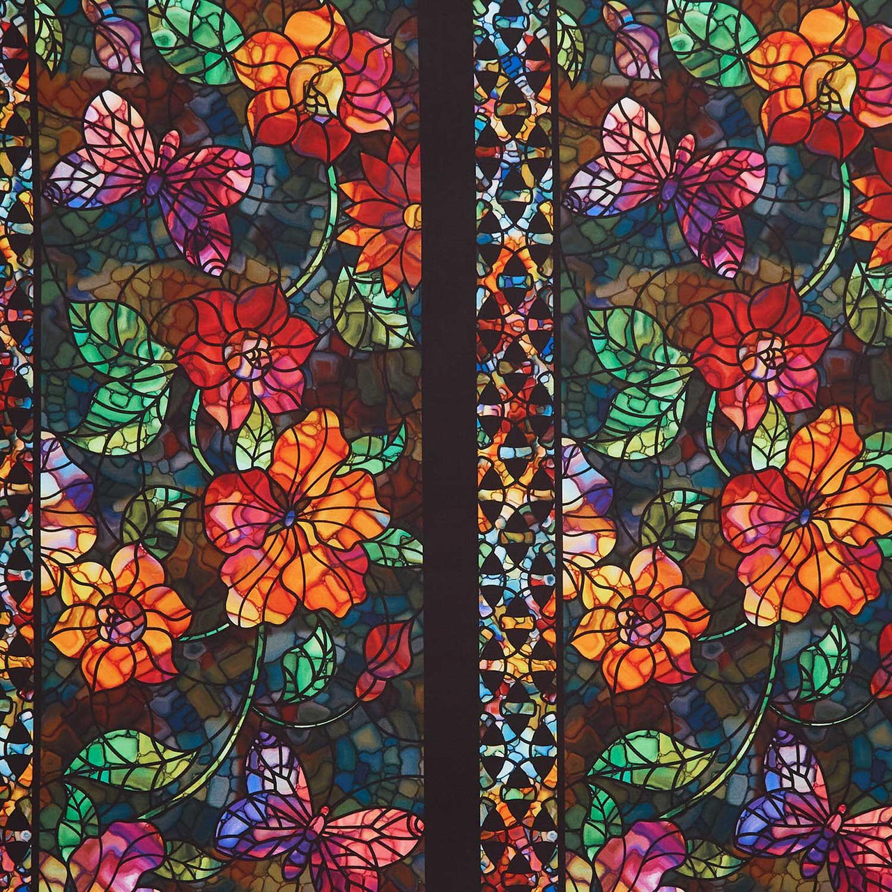 Dear Clara - Stained Glass Floral Border Black Yardage
