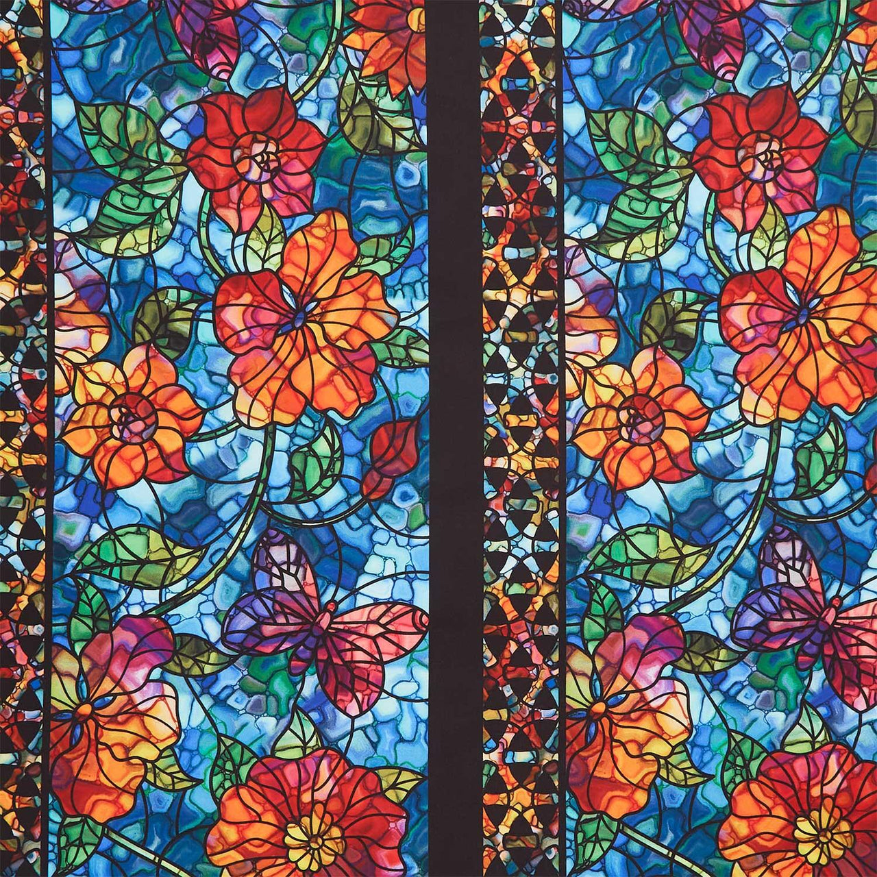 Dear Clara - Stained Glass Floral Border Blue Yardage