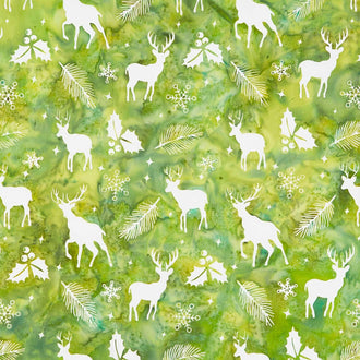 Festive Wishes Batiks - Deer Holly Snowflakes Green Yardage