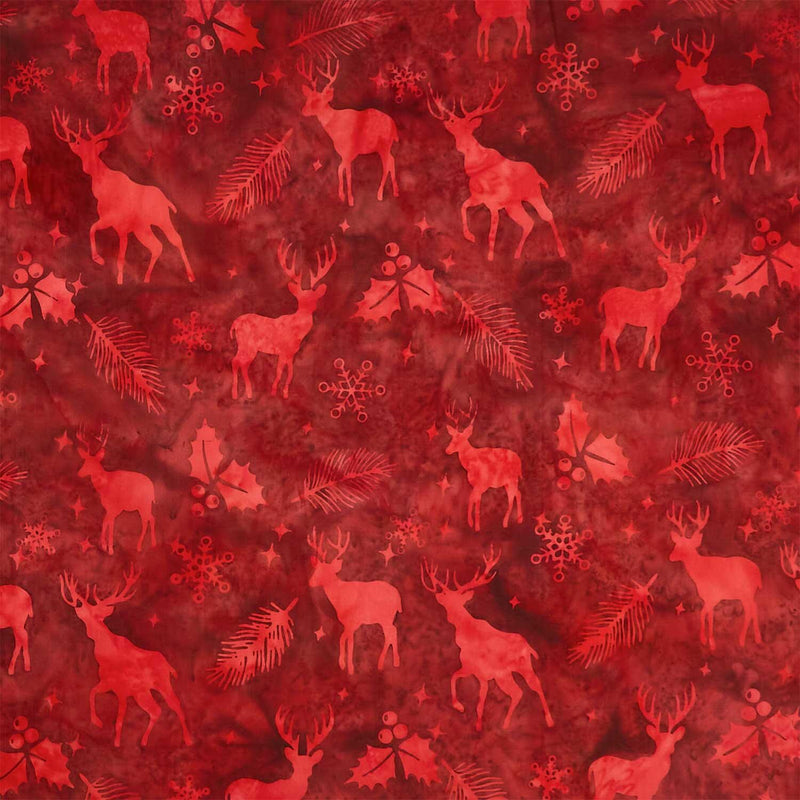 Festive Wishes Batiks - Deer Holly Snowflakes Red Cranberry Yardage