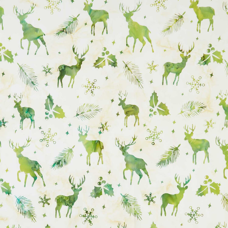 Festive Wishes Batiks - Deer Holly Snowflakes White Yardage