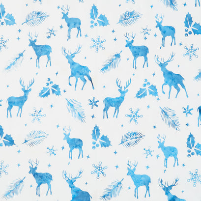 Snowfall Batiks - Deer Holly Snowflakes White Yardage