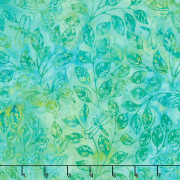 Enchanted Flutter Batiks - Butterfly Dragonfly Leaves Teal Yardage