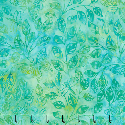 Enchanted Flutter Batiks - Butterfly Dragonfly Leaves Teal Yardage