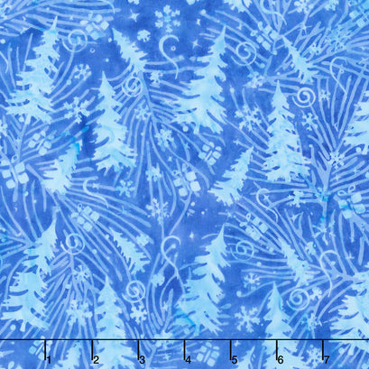 Frosted Wishes Batiks - Trees and Presents Blue Bluebird Yardage