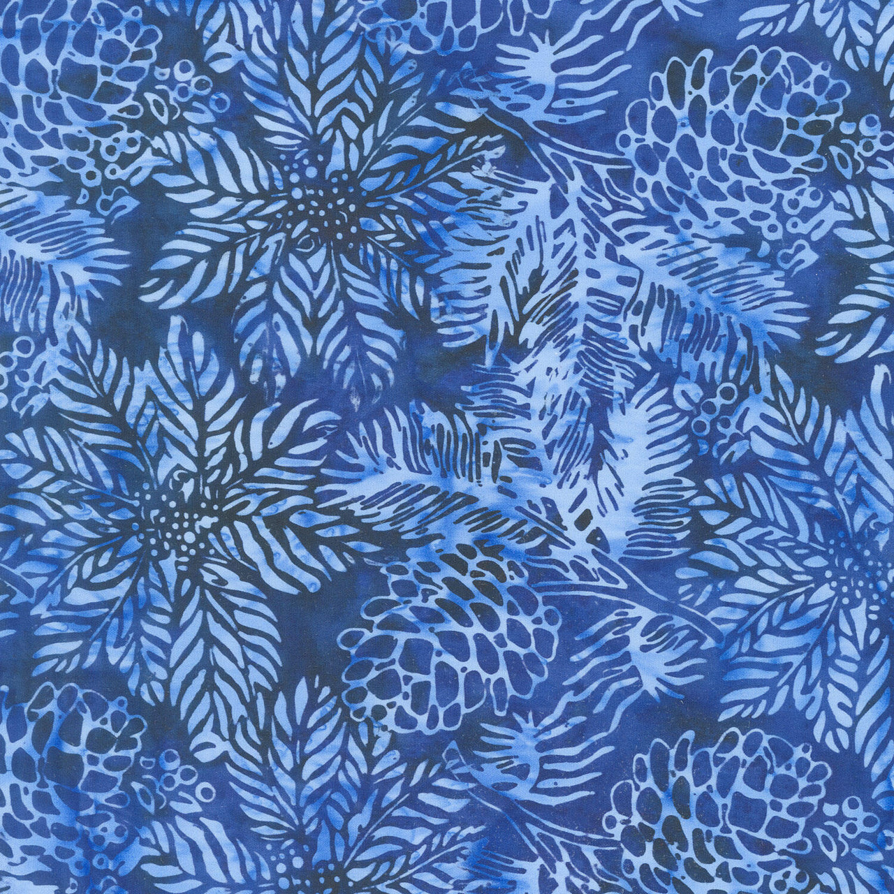 Frosted Wishes Batiks - Poinsettias and Pinecones Blue Navy Yardage