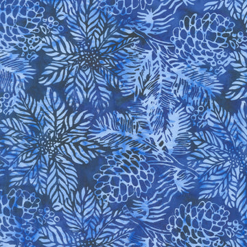 Frosted Wishes Batiks - Poinsettias and Pinecones Blue Navy Yardage