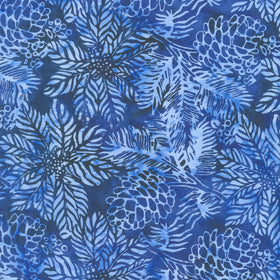 Frosted Wishes Batiks - Poinsettias and Pinecones Blue Navy Yardage