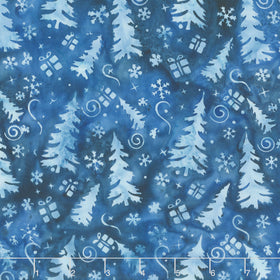 Frosted Wishes Batiks - Trees and Presents Blue Denim Yardage