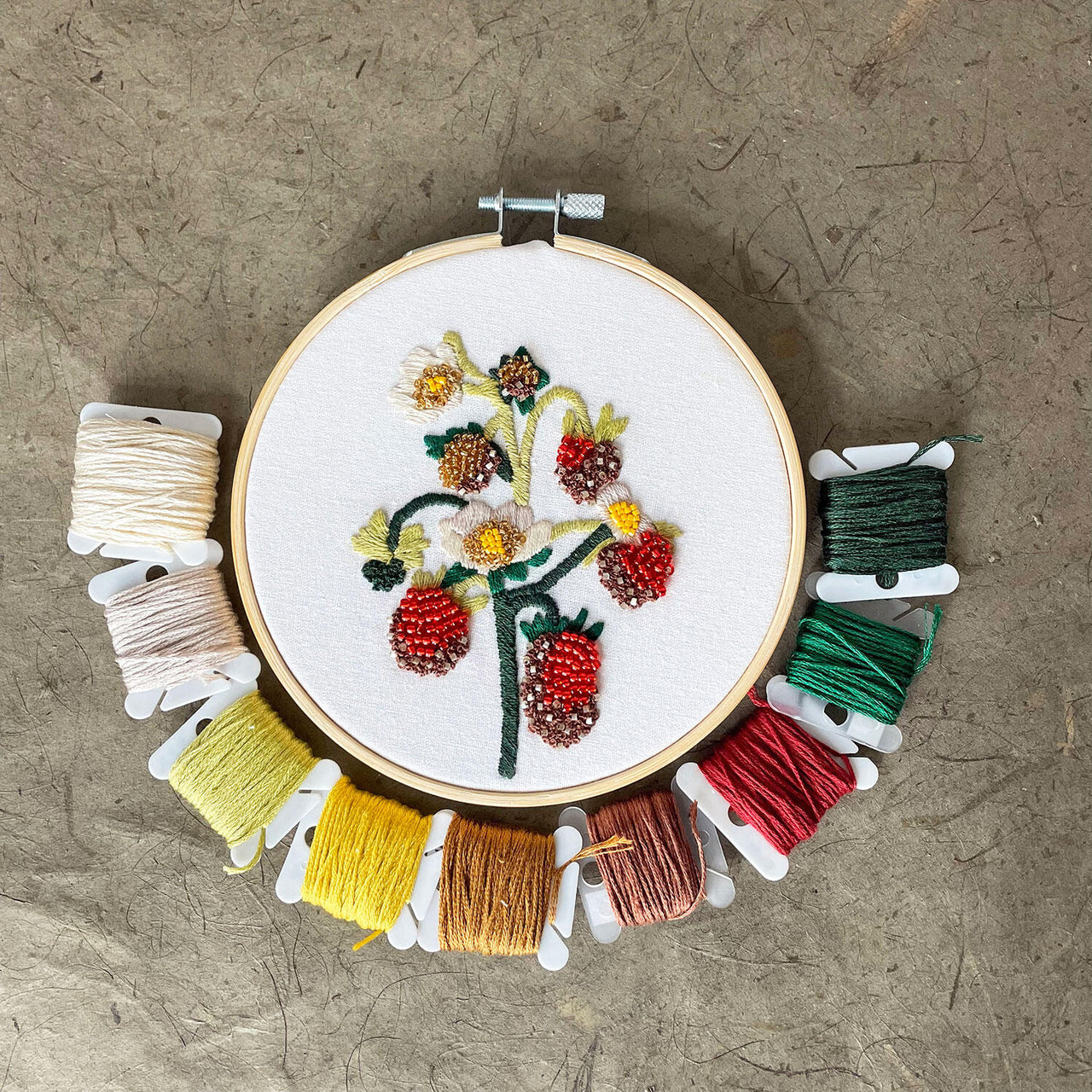 Strawberry Blossoms Embroidery and Beadwork Kit