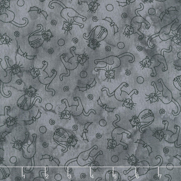 Spooky Stitches - Cats & Bats Grey Yardage