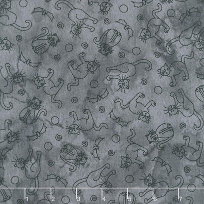 Spooky Stitches - Cats & Bats Grey Yardage