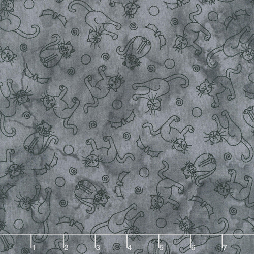 Spooky Stitches - Cats & Bats Grey Yardage