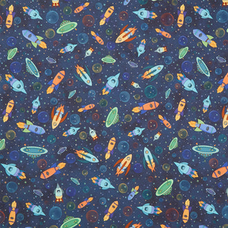 Space Monsters - Rush Hour Spaceships Dark Navy Yardage