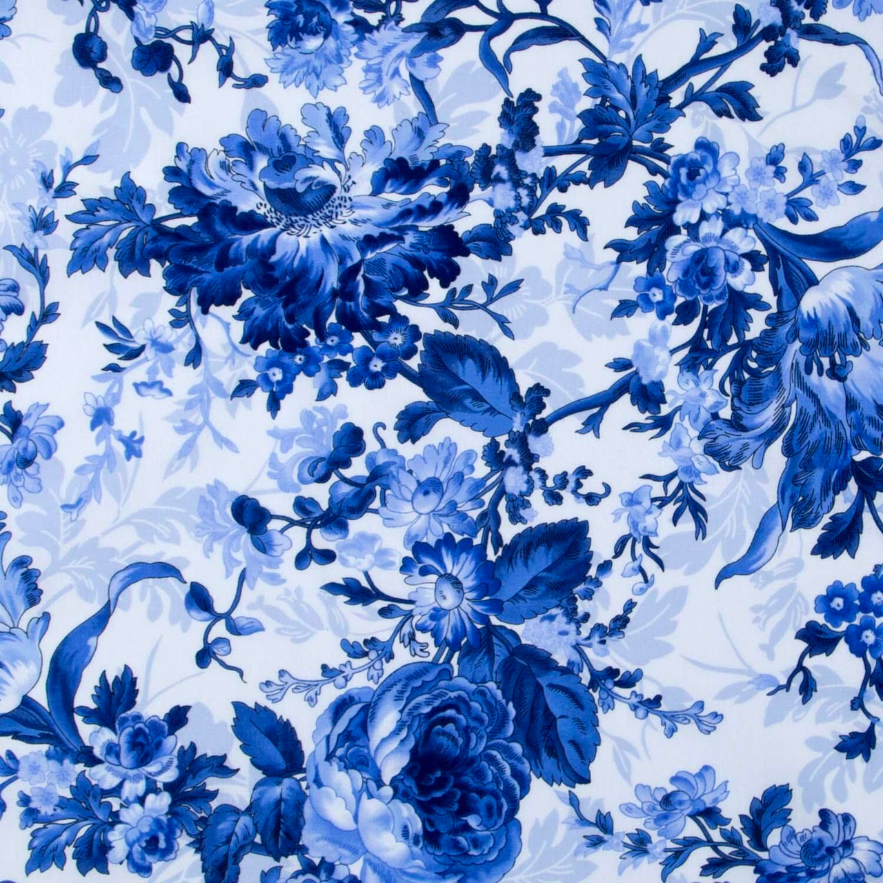 Blue Belle - Large Floral White Yardage