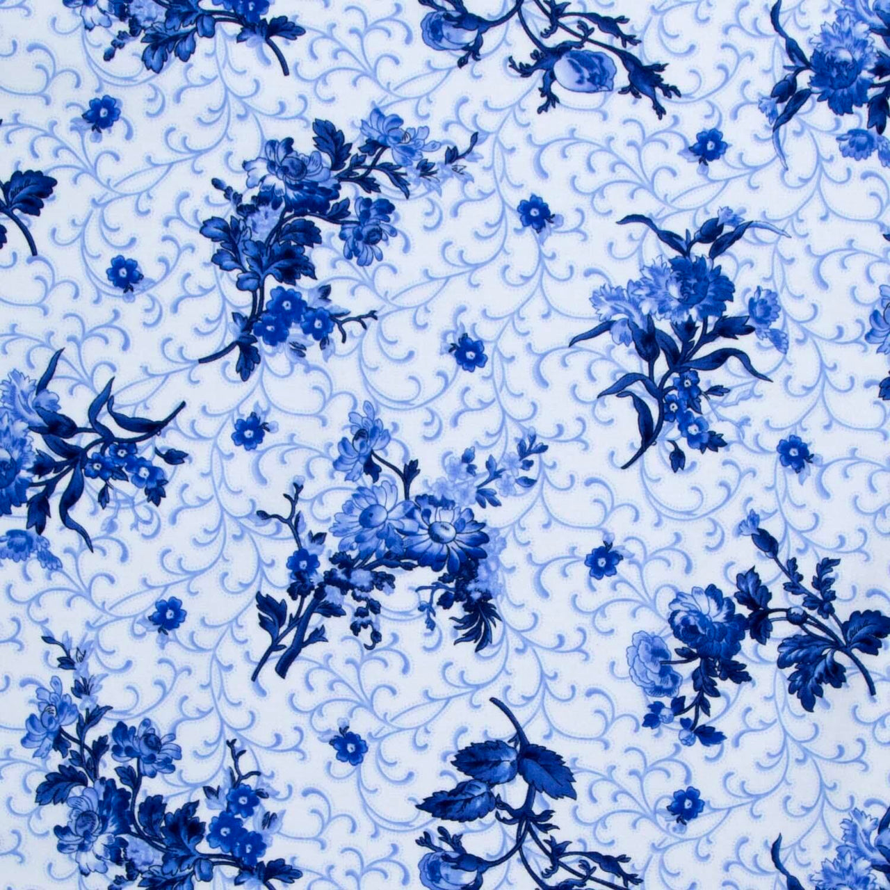 Blue Belle - Floral With Scroll White Yardage