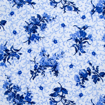 Blue Belle - Floral With Scroll White Yardage