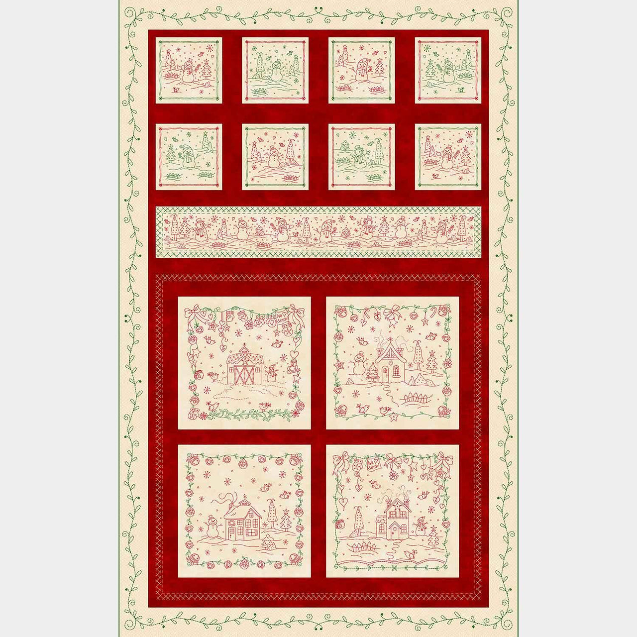 Christmastime - Cottages and Snowman Red Green Panel