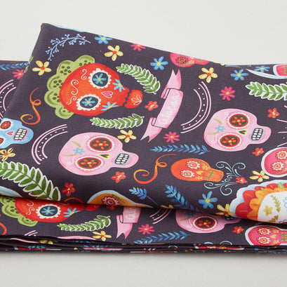 La Vida Loca - Sugar Skulls Charcoal 2 Yard Cut