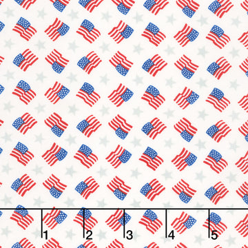 Red, White & Bloom - Tossed Flags And Stripes Daisy White Yardage