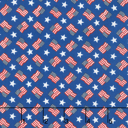 Red, White & Bloom - Tossed Flags And Stripes Midnight Blue Yardage