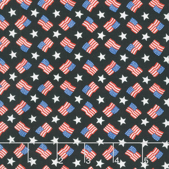 Red, White & Bloom - Tossed Flags And Stripes Black Yardage