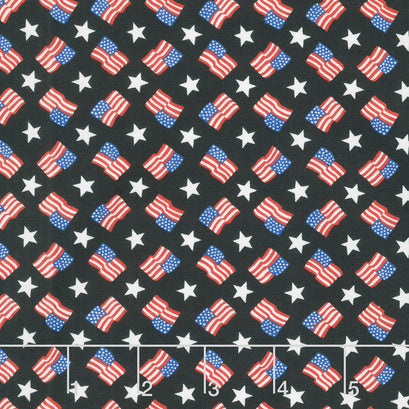 Red, White & Bloom - Tossed Flags And Stripes Black Yardage