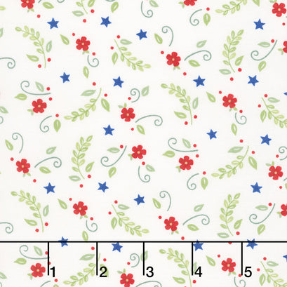 Red, White & Bloom - Flower And Leaves Daisy White Yardage