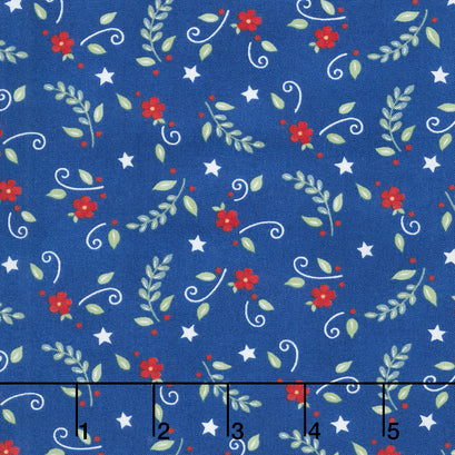 Red, White & Bloom - Flower And Leaves Midnight Blue Yardage