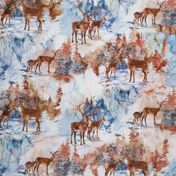 Highland View - Deer White Multi Digitally Printed Yardage