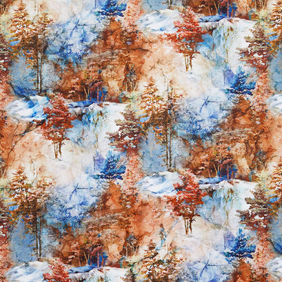 Highland View - Tree Scenic Blue Multi Digitally Printed Yardage