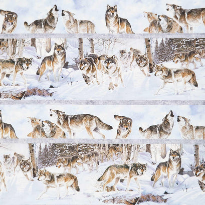 Wild at Heart - Wolves Border Stripe Light Blue Multi Yardage