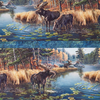 Naturescapes - Autumn Woodland Moose Scenic Border Stripe Blue Multi Yardage