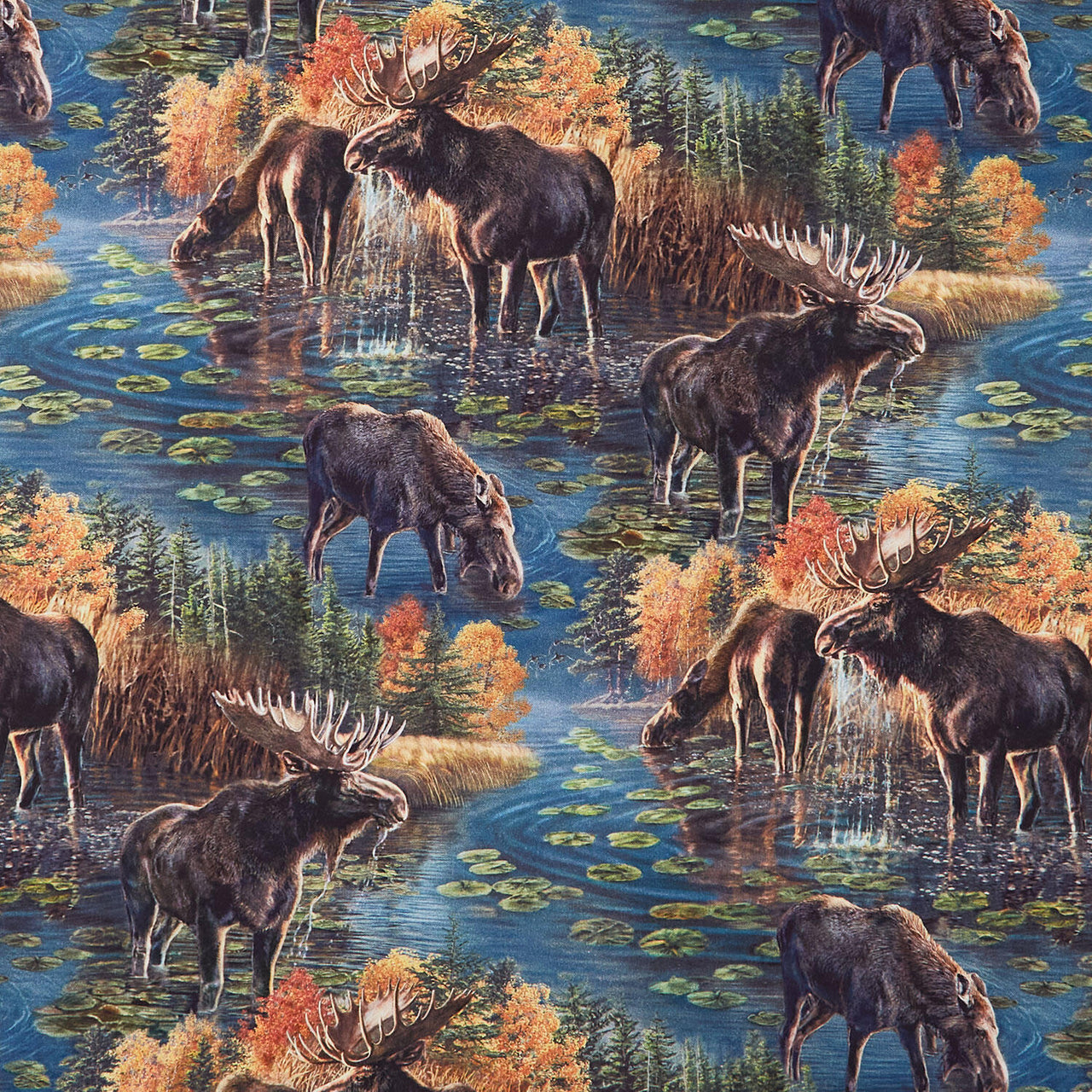 Naturescapes - Autumn Woodland Moose Scenic Blue Multi Yardage