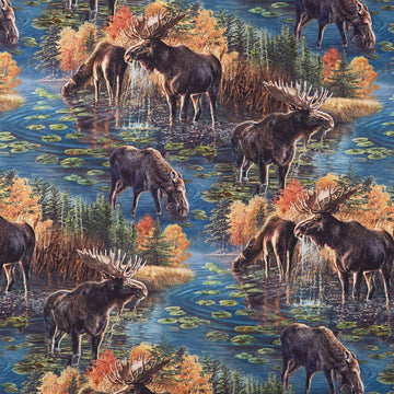 Naturescapes - Autumn Woodland Moose Scenic Blue Multi Yardage