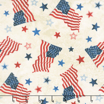 Stonehenge - Stars and Stripes Flags and Stars Beige Multi Yardage