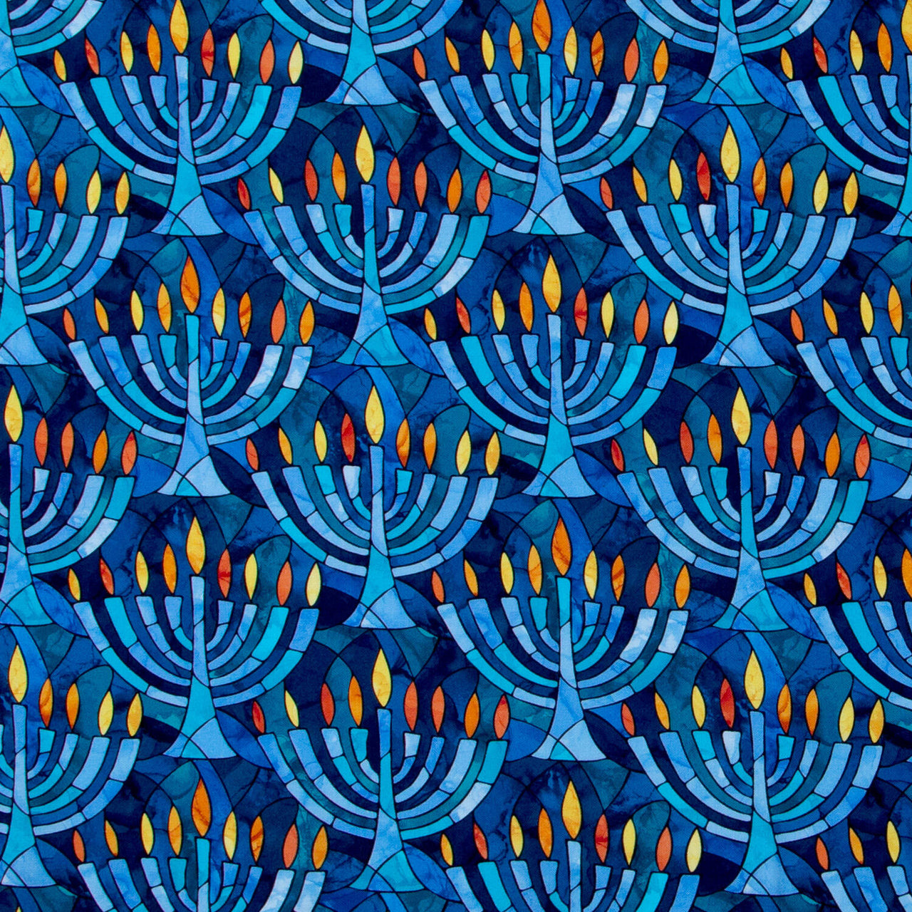 Hanukkah Lights - Menorahs Blue Multi Digitally Printed Yardage
