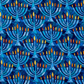 Hanukkah Lights - Menorahs Blue Multi Digitally Printed Yardage