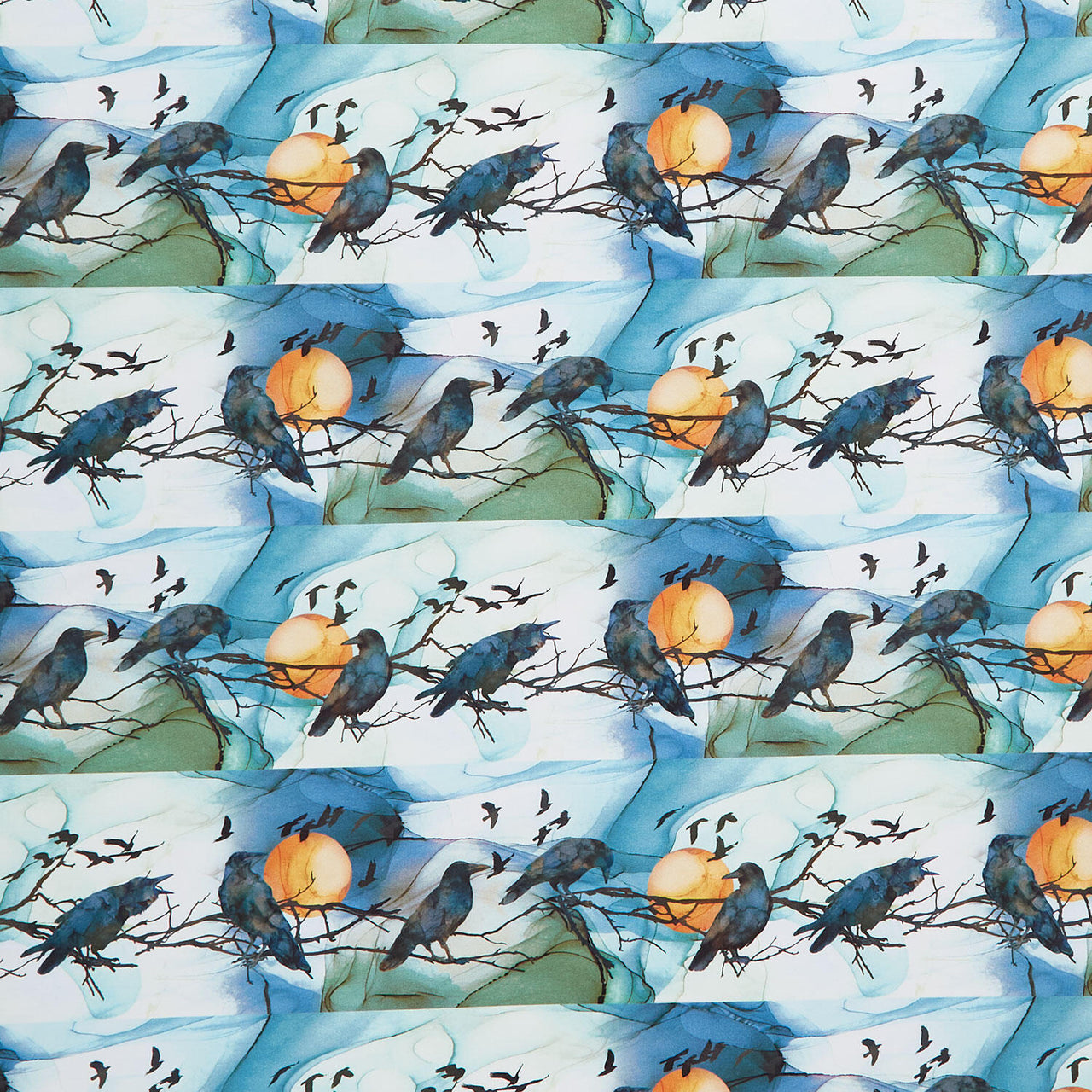 Raven's Call - Border Stripe Teal Multi Digitally Printed Yardage