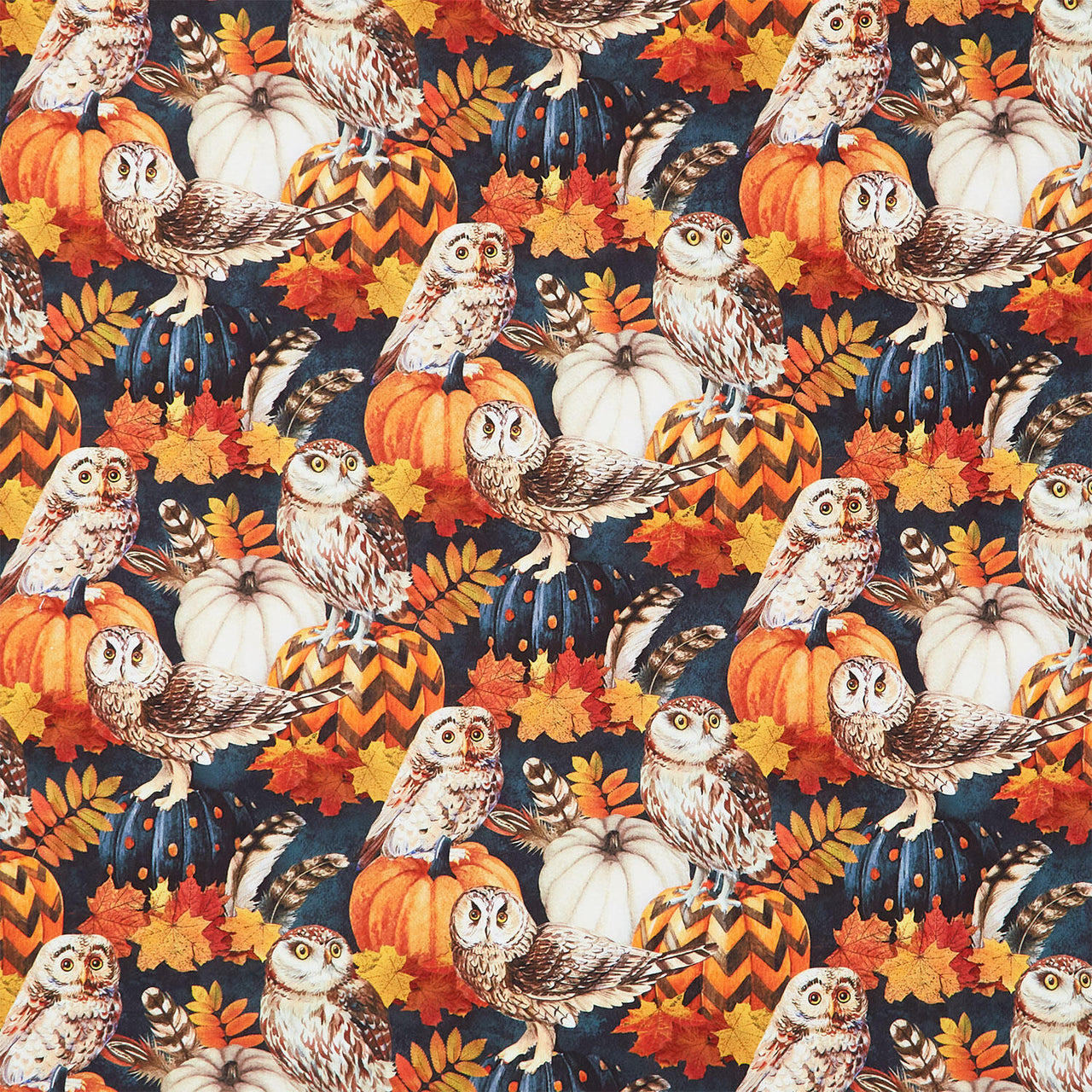 Night Owl - Owl & Feathers Charcoal Multi Yardage